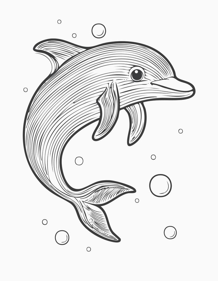Cute Dolphin Fish Animal Coloring Kid Book Page Black and White. Monochrome and Colored Samples vector