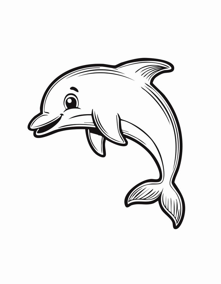 Cute Dolphin Fish Animal Coloring Kid Book Page in Black White. Monochrome and Colored Samples vector