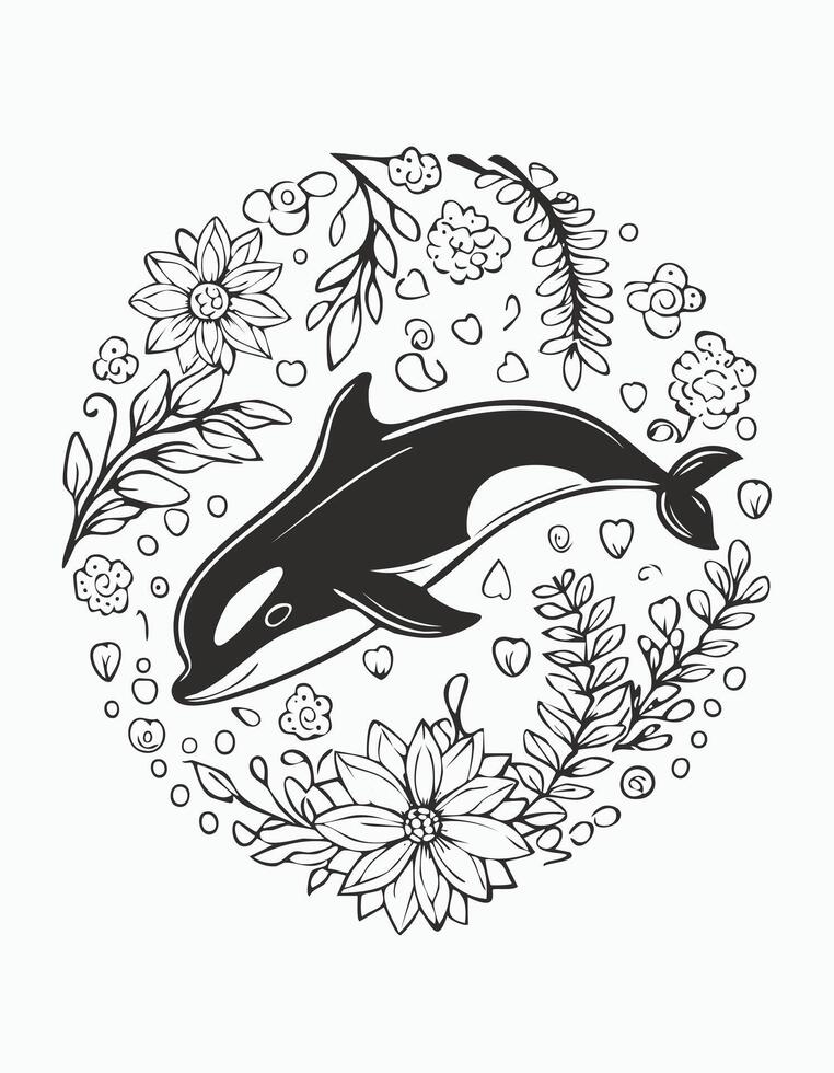 Cute Orca Fish Animal Coloring Kid Book in Black and White. Monochrome and Colored Samples vector
