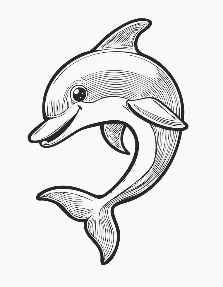 Cute Dolphin Fish Animal Coloring Kid Book Page in Black and White. Monochrome and Colored Samples vector