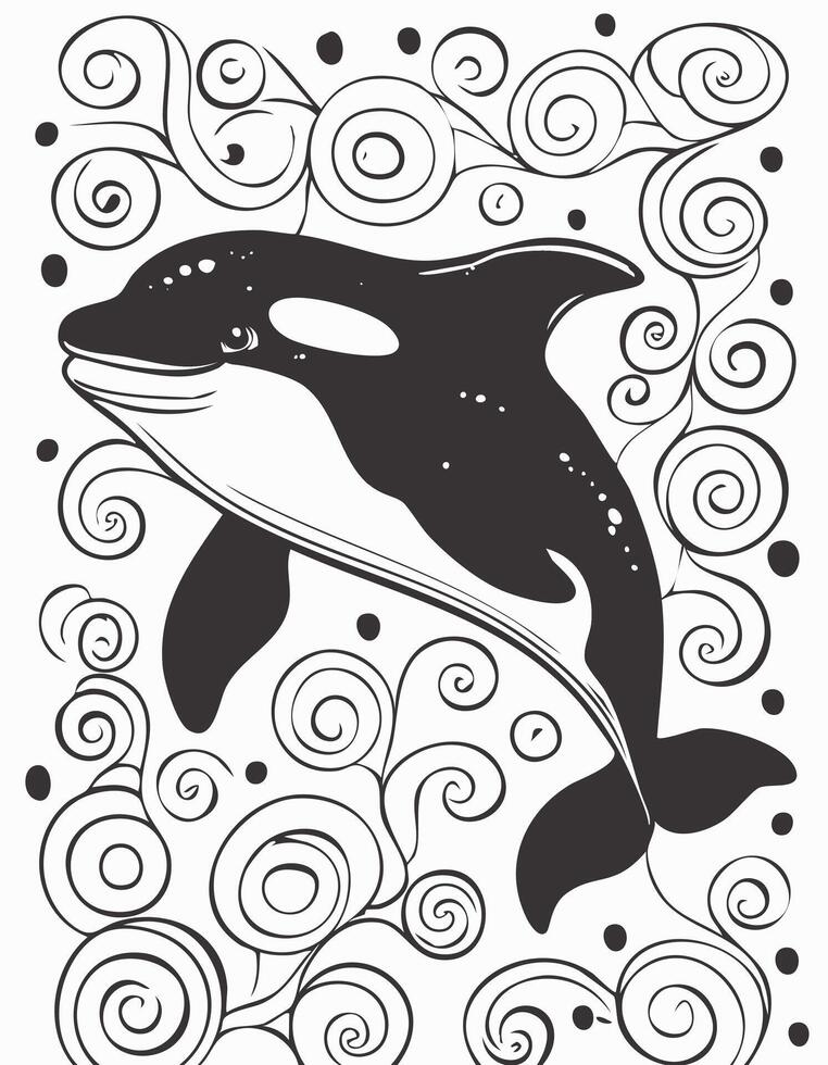 Cute Orca Fish Animal Coloring Kid Page in Black and White. Monochrome and Colored Samples vector