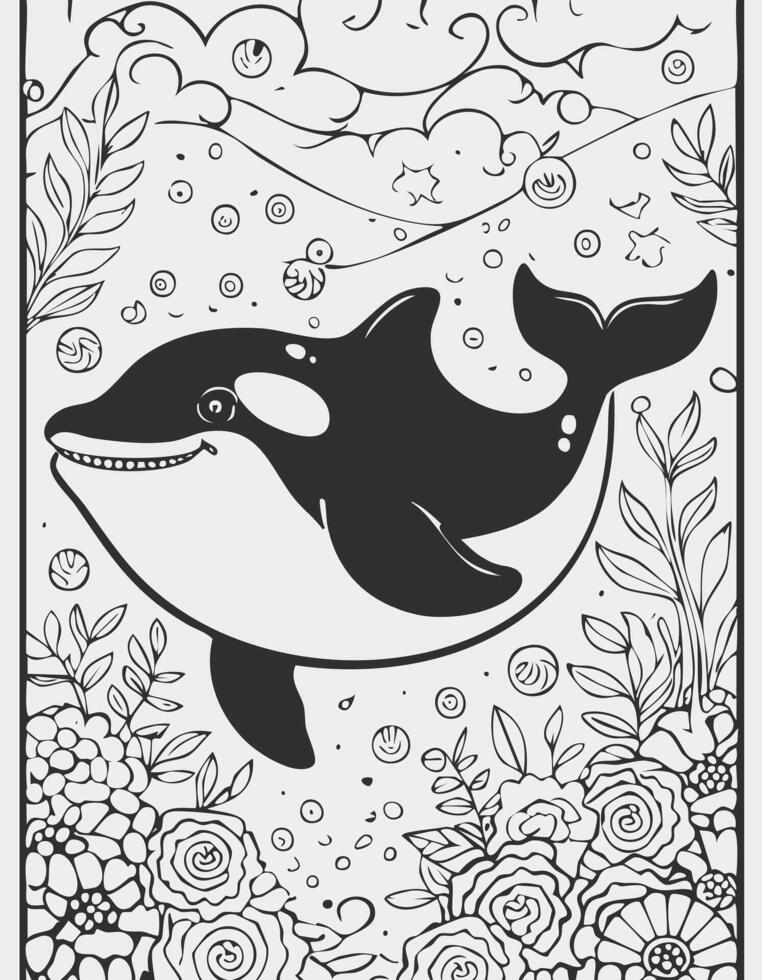 Cute Orca Fish Animal Coloring Kid Book Page in Black and White. and Colored Samples vector