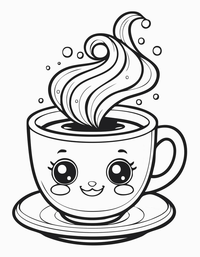 Cute Coffee Drink Beverage Liquid Coloring Kid Book Page in Black White. Monochrome and Colored Samples vector