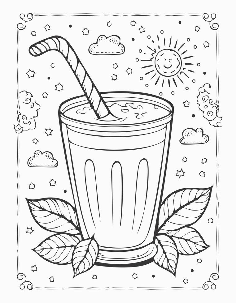 Cute Milk Drink Beverage Liquid Coloring Kid Book Page in Black and White. Monochrome vector