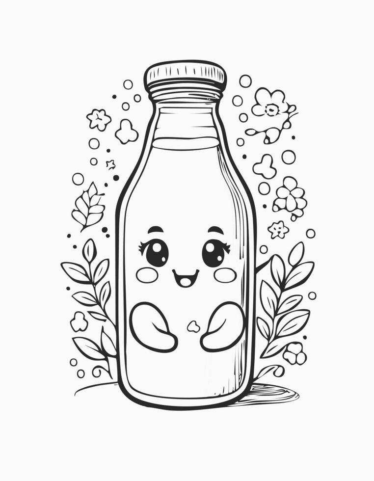Cute Milk Drink Beverage Liquid Coloring Kid Book Page in Black and White. Monochrome and Colored vector