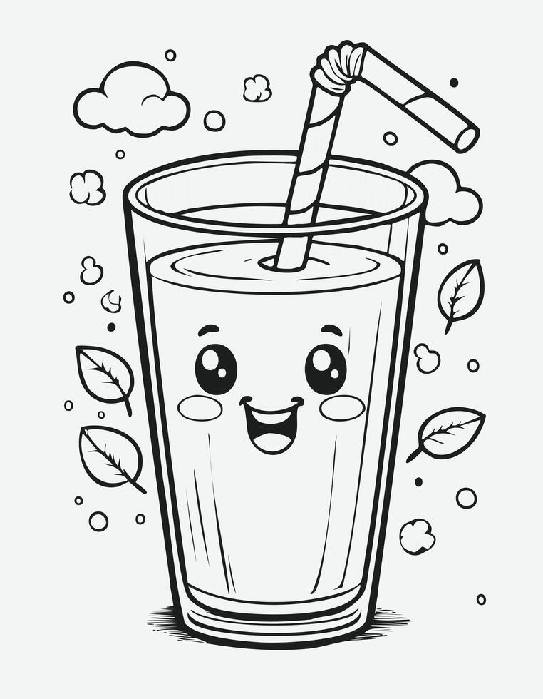 Cute Juice Drink Beverage Liquid Coloring Kid Book Page in Black and White. Monochrome Colored Samples vector