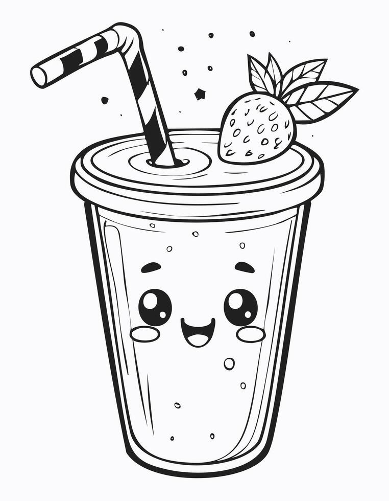 Cute Juice Drink Beverage Liquid Coloring Kid Book Page in Black and White. Monochrome and Colored vector
