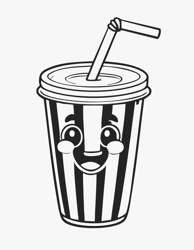 Cute Soda Drink Beverage Liquid Coloring Kid Book Page in Black and White. vector