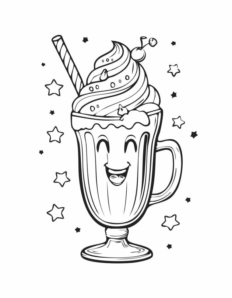 Cute Milkshake Drink Beverage Liquid Coloring Kid Book in Black and White. Monochrome and Colored Samples vector