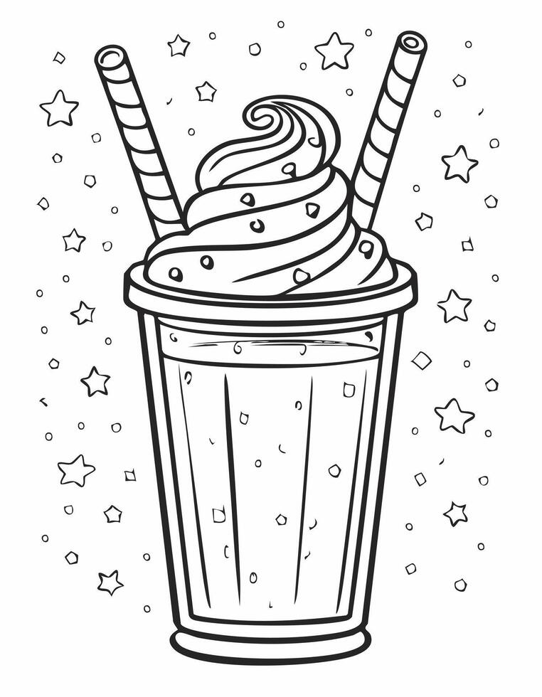 Cute Milkshake Drink Beverage Liquid Coloring Kid Book Page in Black and White. Monochrome and Samples vector