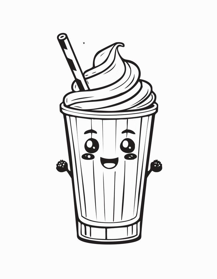 Cute Milkshake Drink Beverage Liquid Coloring Kid Book Page in Black and White. Monochrome and Colored vector