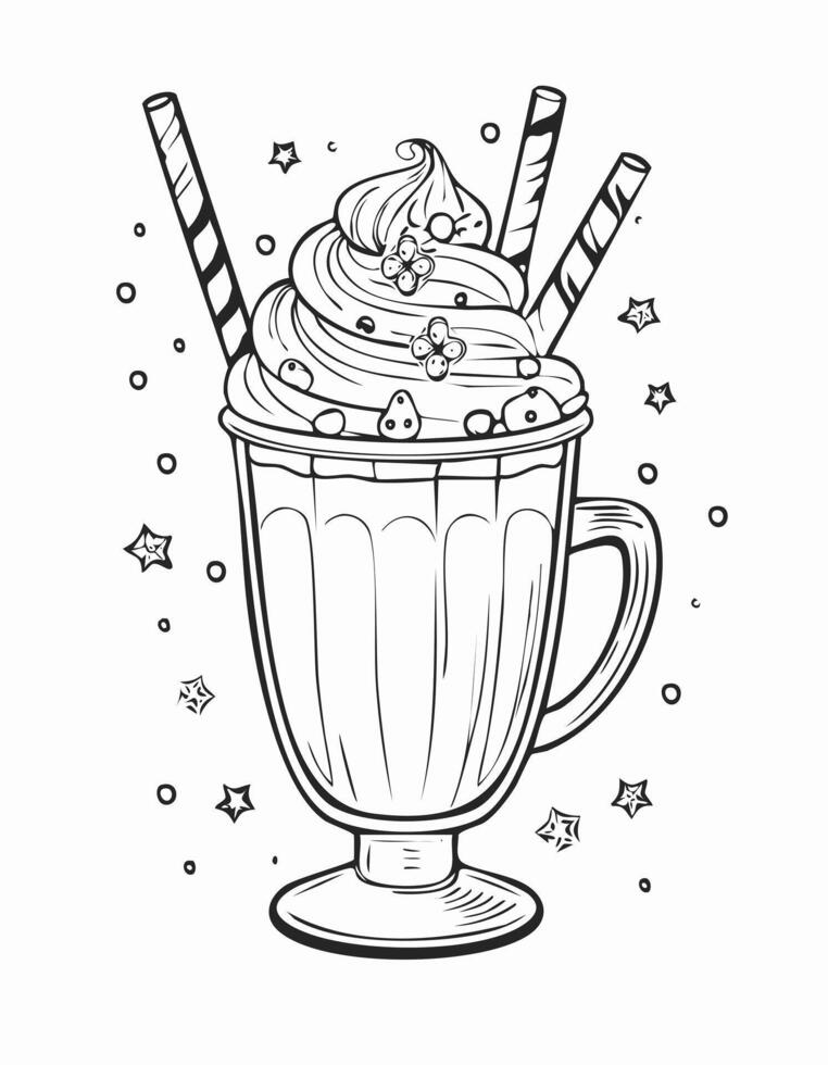 Cute Milkshake Drink Beverage Liquid Coloring Kid Book Page in Black and White. Monochrome and Colored Samples vector