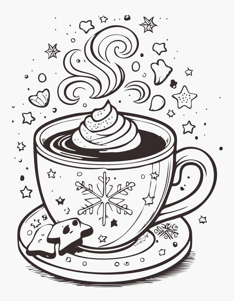 Cute Hot Chocolate Drink Beverage Liquid Coloring Kid Book Page in Black and White. Monochrome and Samples vector
