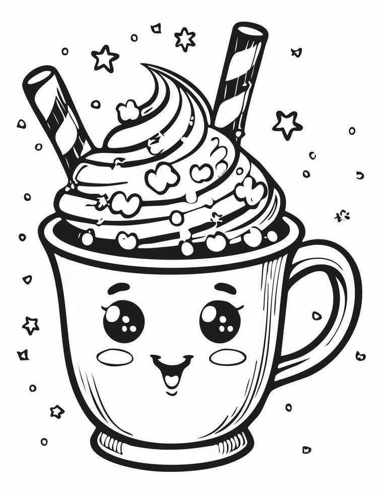 Cute Hot Chocolate Drink Beverage Liquid Coloring Kid Book Page in Black and White. Monochrome and Colored Samples vector