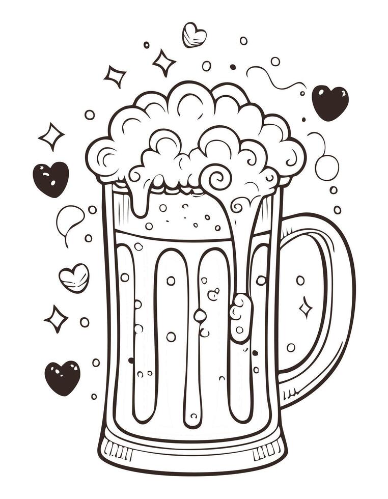 Cute Beer Alcohol Drink Beverage Liquid Coloring Kid Book Page in Black and White. Monochrome and Colored vector