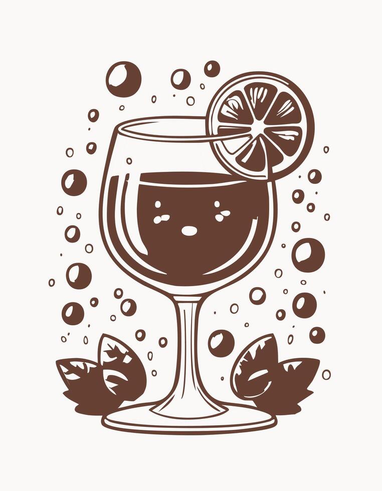 Cute Wine Alcohol Drink Beverage Liquid Coloring Kid Book Page in Black and White. Monochrome and Colored vector