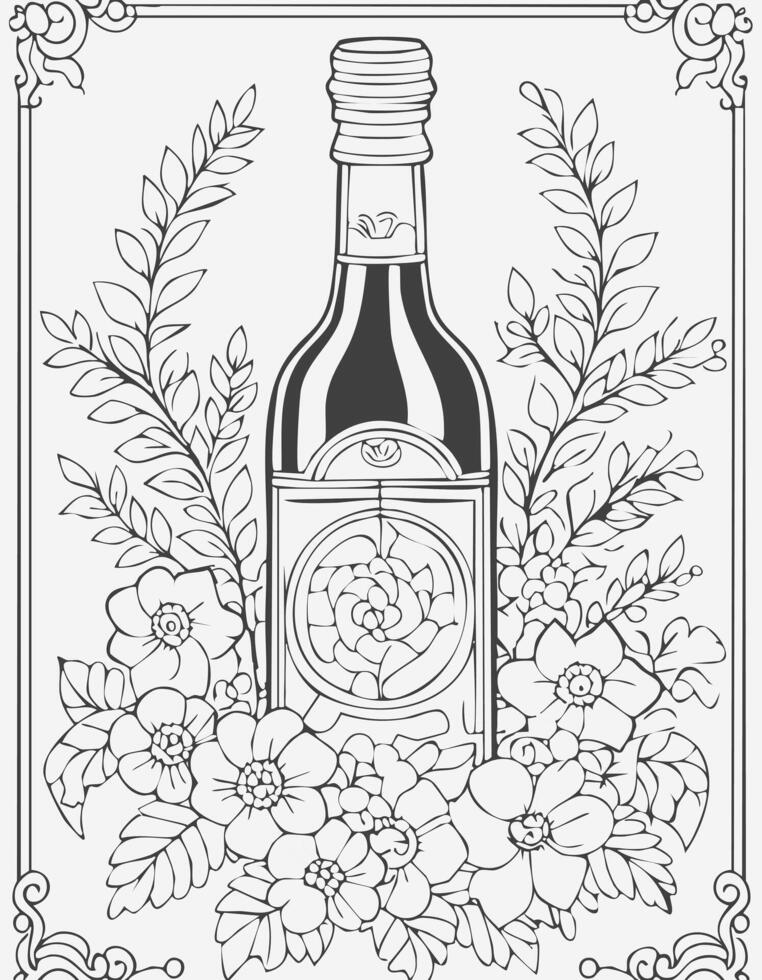 Cute Wine Alcohol Drink Beverage Liquid Coloring Kid Book Page Black and White. Monochrome and Colored Samples vector