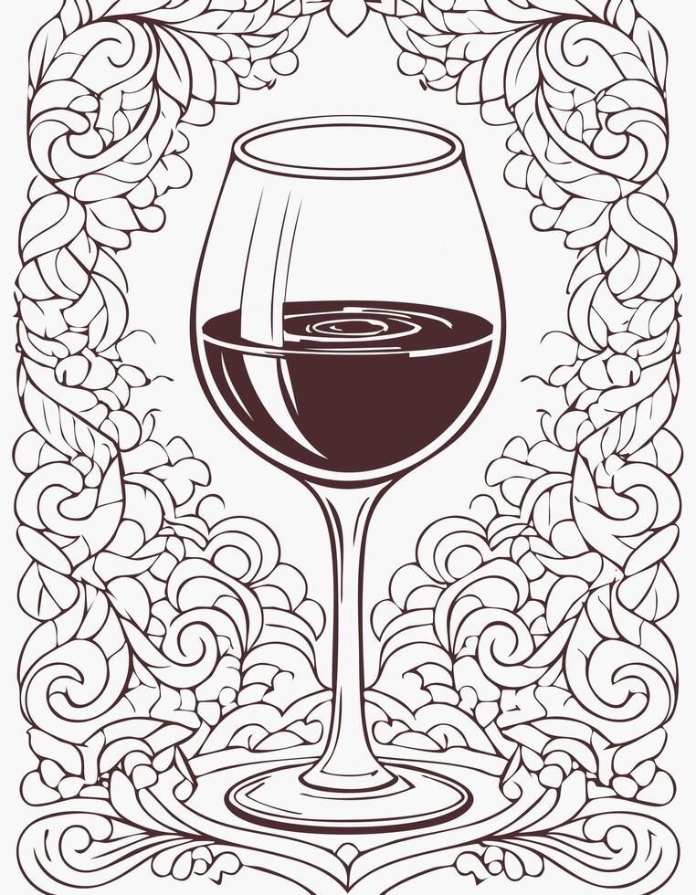 Cute Wine Alcohol Drink Beverage Liquid Coloring Kid Book Page in Black and White. and Colored Samples vector