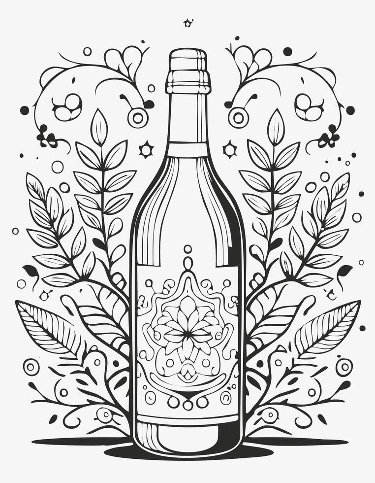 Cute Wine Alcohol Drink Beverage Liquid Coloring Kid Book Page in Black and White. Monochrome and Samples vector