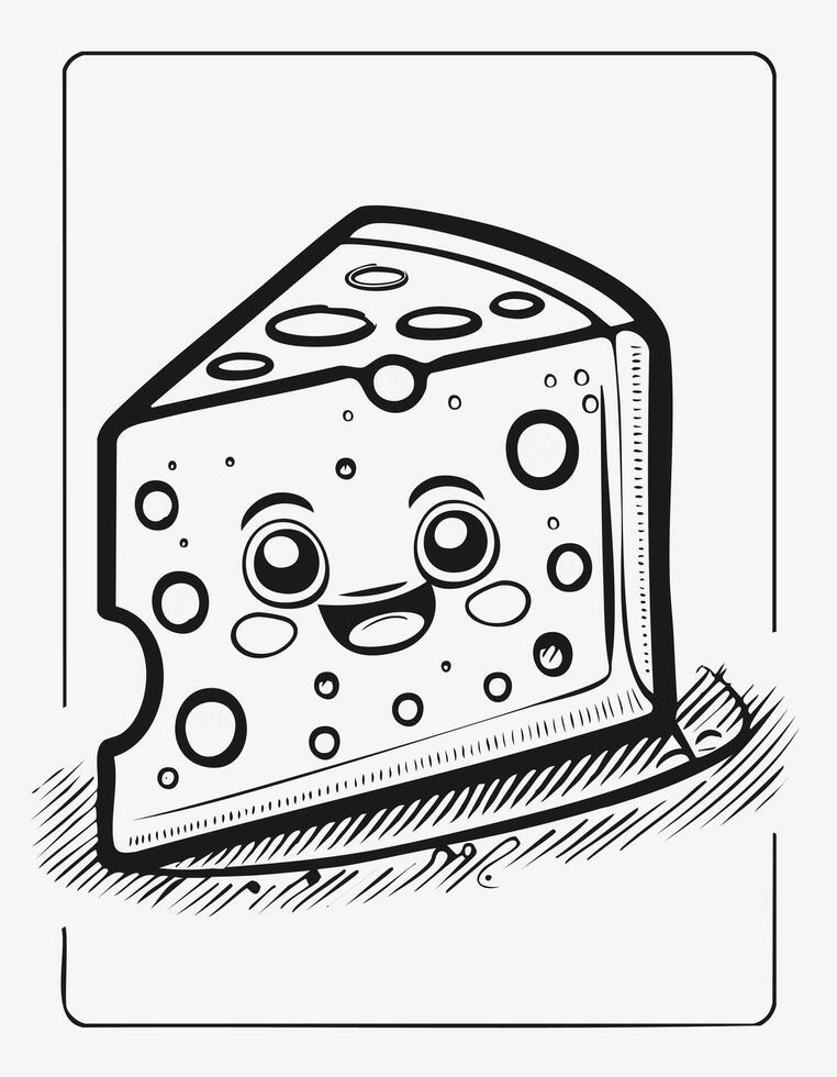 Cute Cheese Dairy Food Eatery Meal Coloring Kid Book Page in Black and White. Monochrome and Colored vector