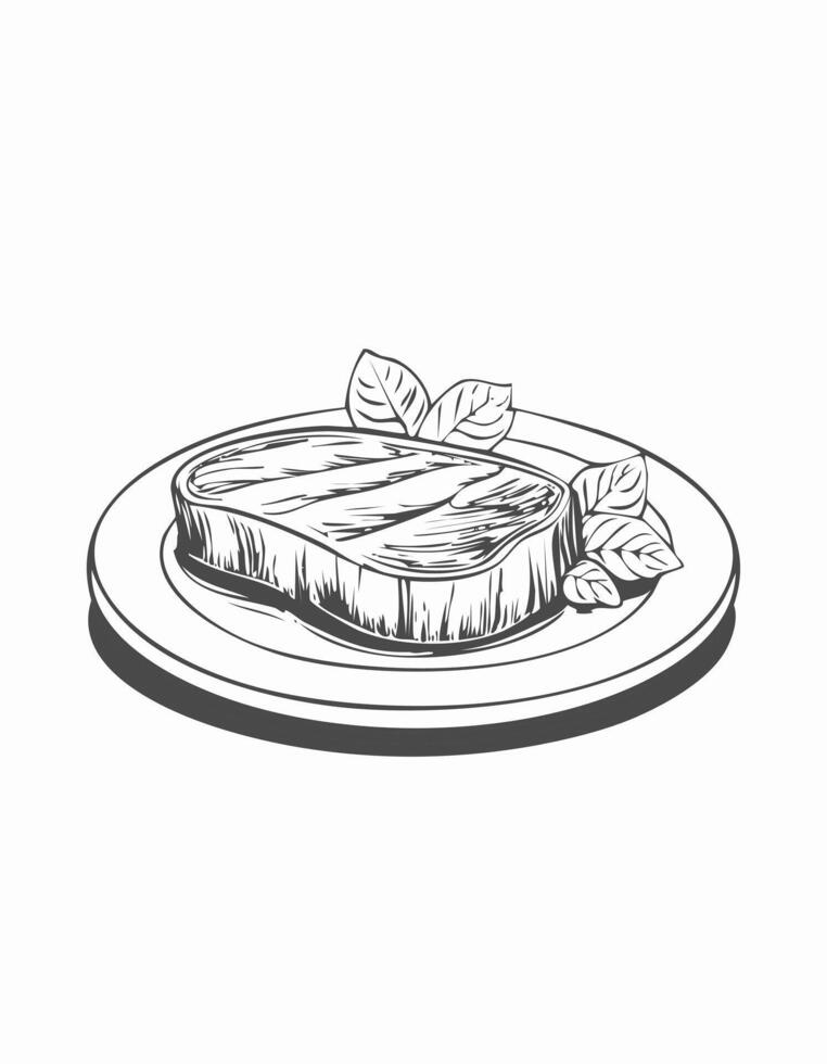 Cute Beef Pork Meat Food Eatery Meal Coloring Kid Book Page in Black and White. Monochrome and Colored vector