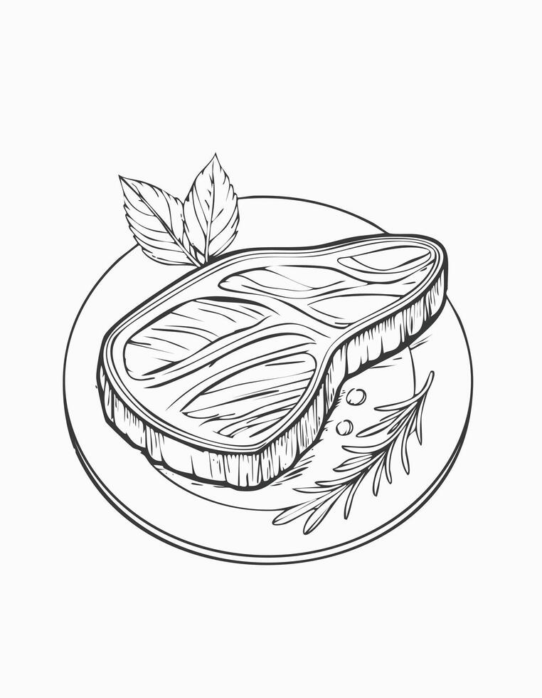 Cute Beef Pork Meat Food Eatery Meal Coloring Kid Book Page in Black and White. Monochrome and Colored Samples vector