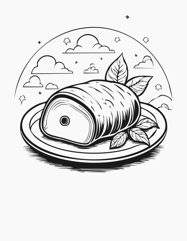Cute Beef Pork Meat Food Eatery Meal Coloring Kid Book Page in Black and White. and Colored Samples vector