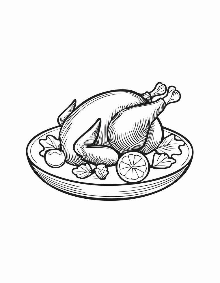 Cute Chicken Turkey Meat Food Eatery Meal Coloring Kid Book Page Black and White. Monochrome and Colored Samples vector