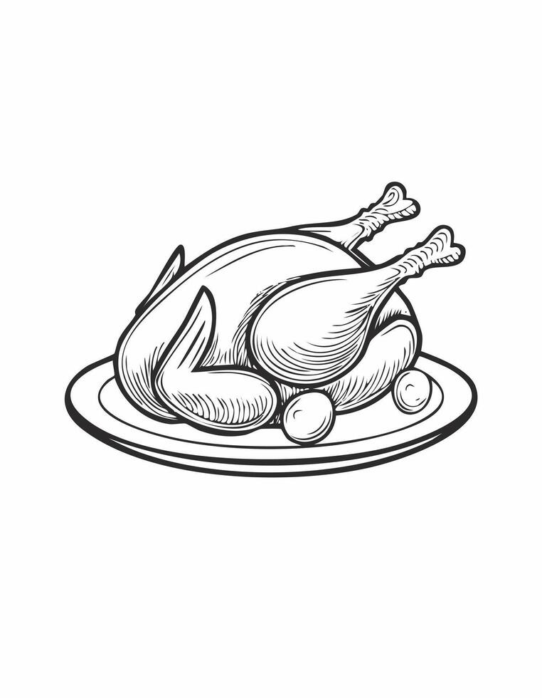 Cute Chicken Turkey Meat Food Eatery Meal Coloring Kid Book Page in Black and White. Monochrome Colored Samples vector