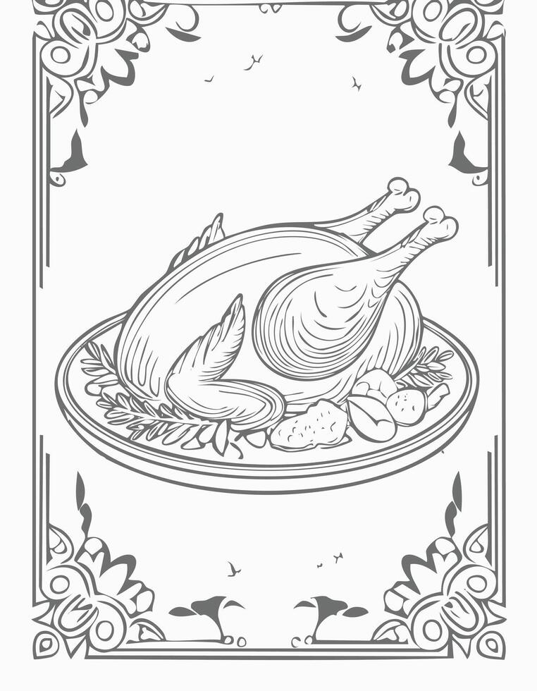 Cute Chicken Turkey Meat Food Eatery Meal Coloring Kid Book Page in Black and White. Monochrome and Colored vector