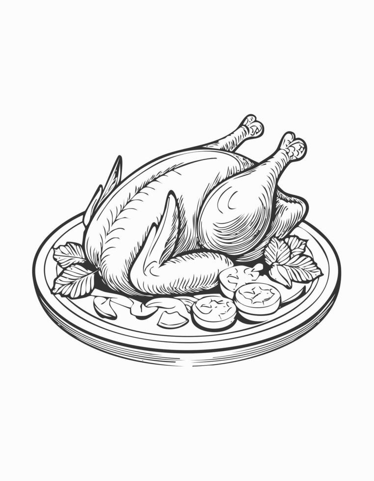 Cute Chicken Turkey Meat Food Eatery Meal Coloring Kid Book Page in Black and White. Monochrome and Colored Samples vector