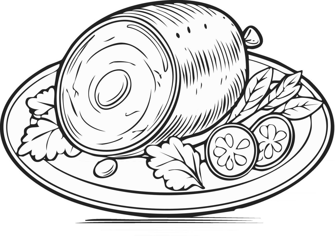 Cute Ham Meat Food Eatery Meal Coloring Kid Book in Black and White. Monochrome and Colored Samples vector