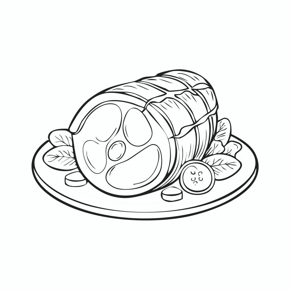 Cute Ham Meat Food Eatery Meal Coloring Kid Book Page Black and White. Monochrome and Colored Samples vector