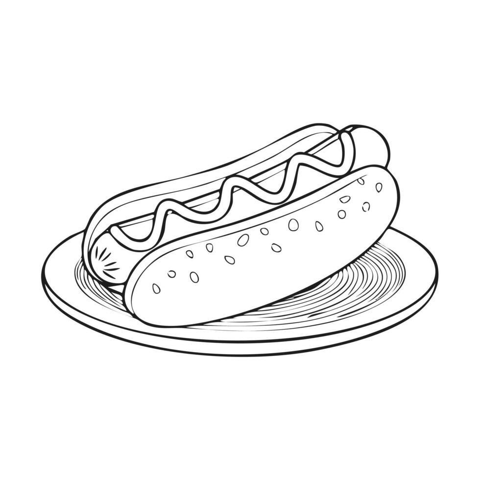 Hot Dog Food Eatery Meal Coloring Kid Book Page in Black and White. Monochrome and Samples vector