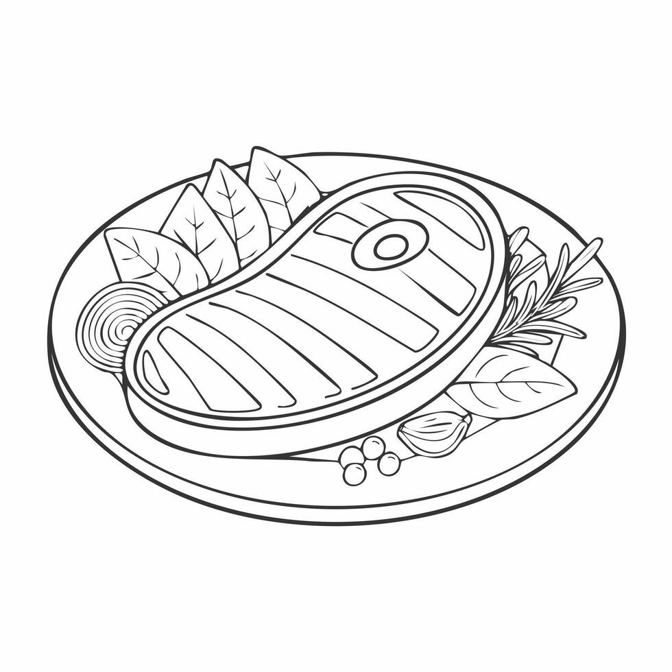 Steak Meat Beef Food Eatery Meal Coloring Kid Book Page in Black White. Monochrome and Colored Samples vector