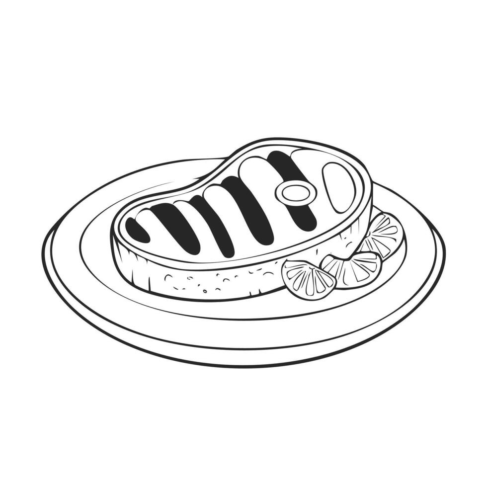 Steak Meat Beef Food Eatery Meal Coloring Kid Book Page in Black and White. Monochrome and Samples vector