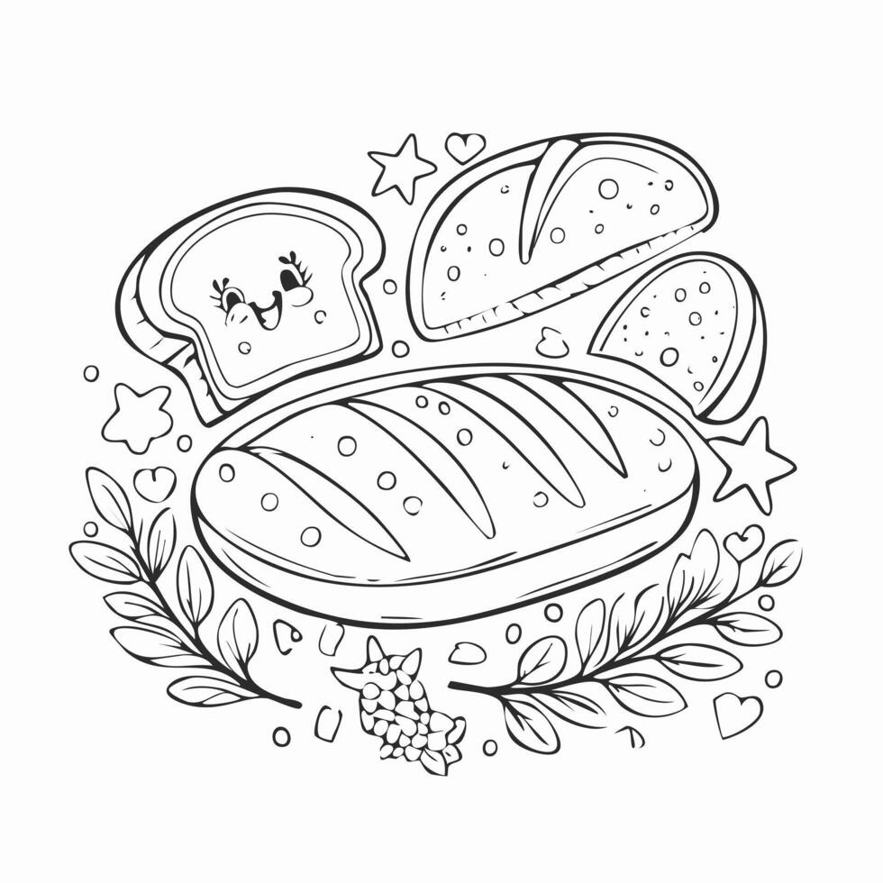Bread Food Eatery Meal Coloring Kid Book Page Black and White. Monochrome and Colored Samples vector