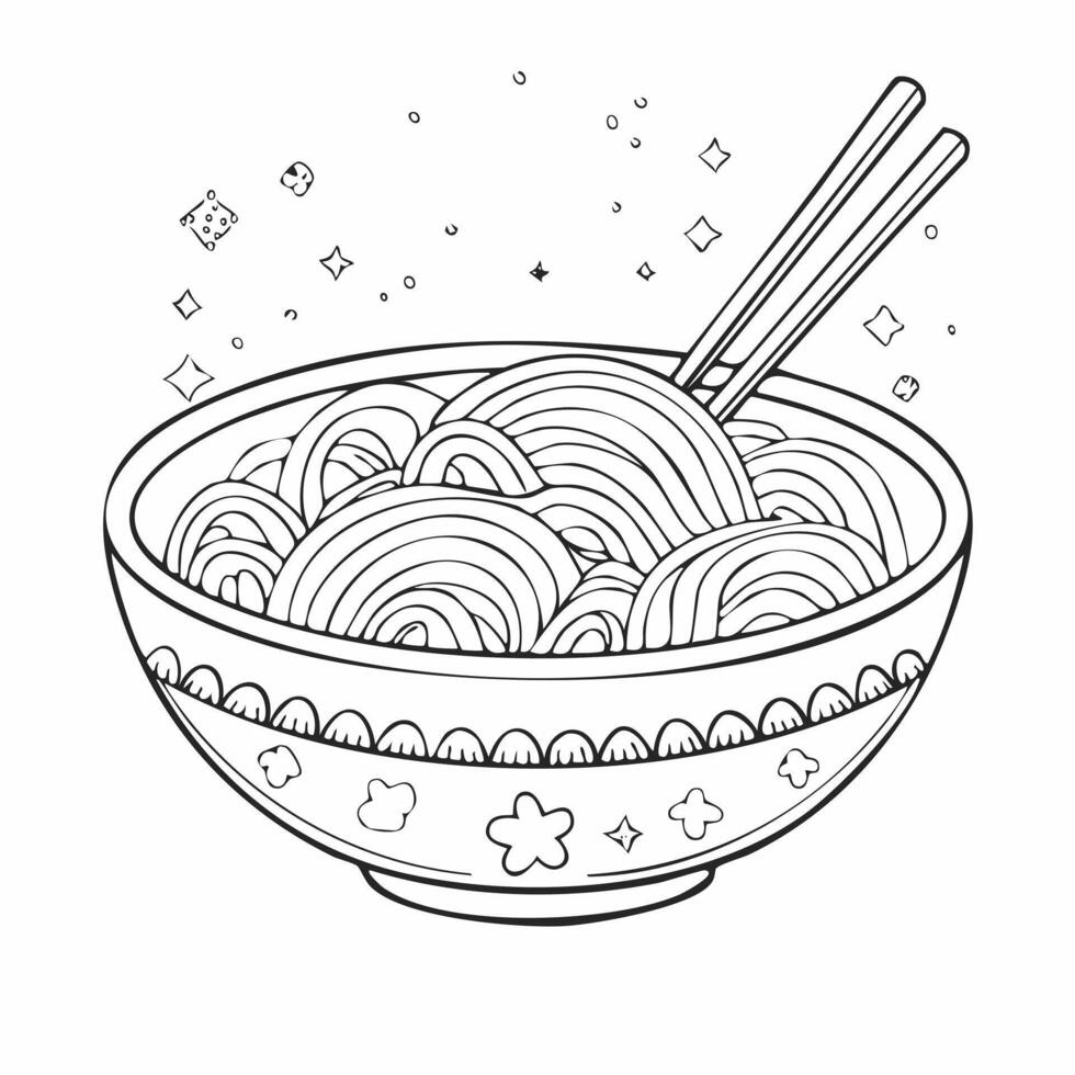 Noodles Ramen Food Eatery Meal Coloring Kid Book Page in Black and White. Monochrome and Samples vector