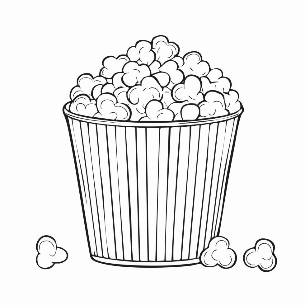 Popcorn Food Eatery Meal Coloring Kid Book Page in Black and White. Monochrome and Samples vector