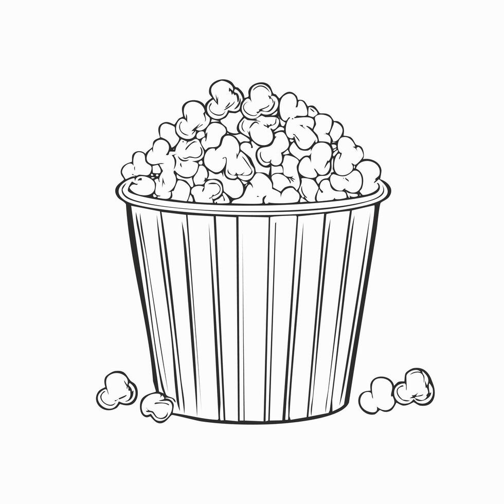 Popcorn Food Eatery Meal Coloring Kid Book Page in Black and White. Monochrome and Colored Samples vector