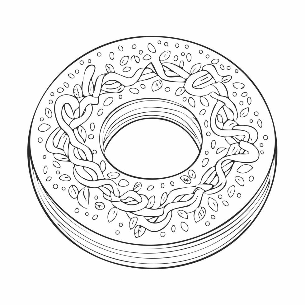 Bagel Donut Food Eatery Meal Coloring Kid Book Page in Black and White. and Colored Samples vector