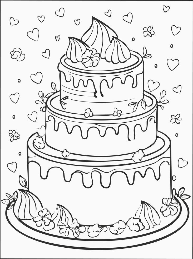 Cake Food Eatery Meal Coloring Kid Book Page Black and White. Monochrome and Colored Samples vector