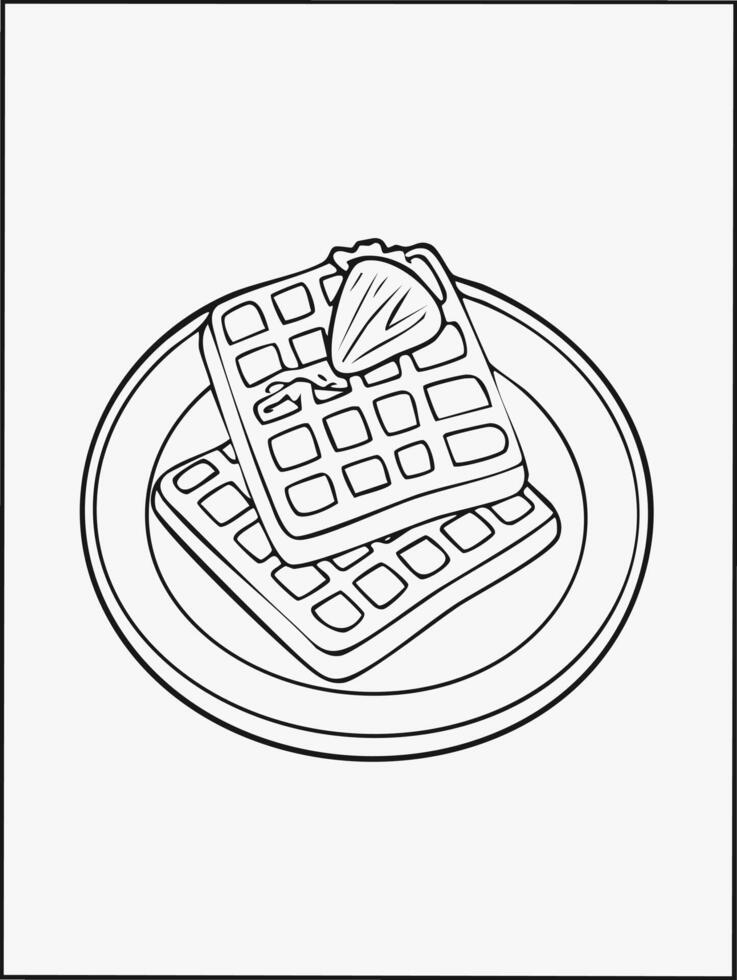 Waffle Cake Food Eatery Meal Coloring Kid Page in Black and White. Monochrome and Colored Samples vector