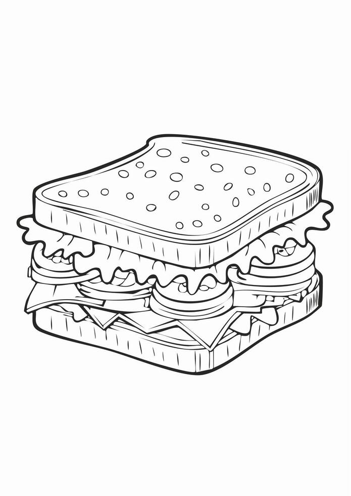 Sandwich Food Eatery Meal Coloring Kid Book Page Black and White. Monochrome and Colored Samples vector