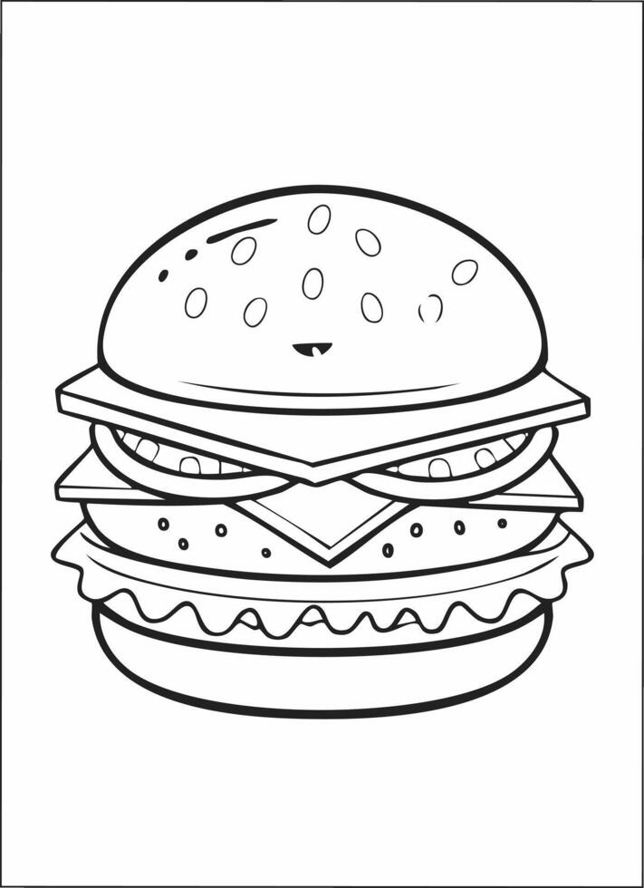 Hamburger Burger Food Eatery Meal Coloring Kid Book in Black and White. Monochrome and Colored Samples vector