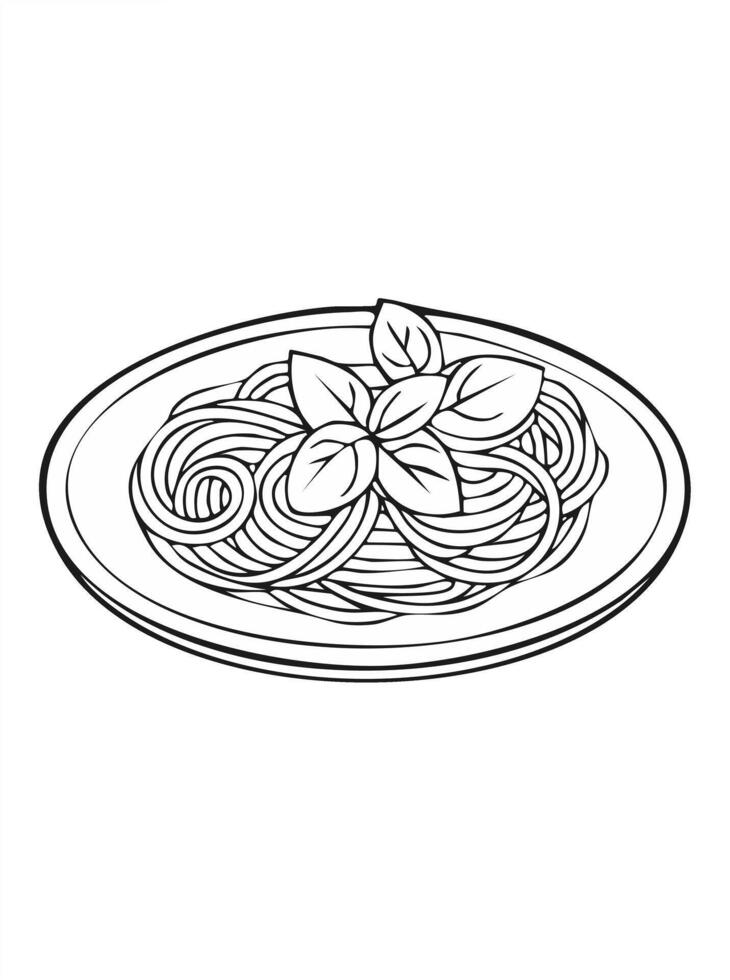 Spaghetti Pasta Food Eatery Meal Coloring Kid Book Page in Black and White. Monochrome and Colored Samples vector