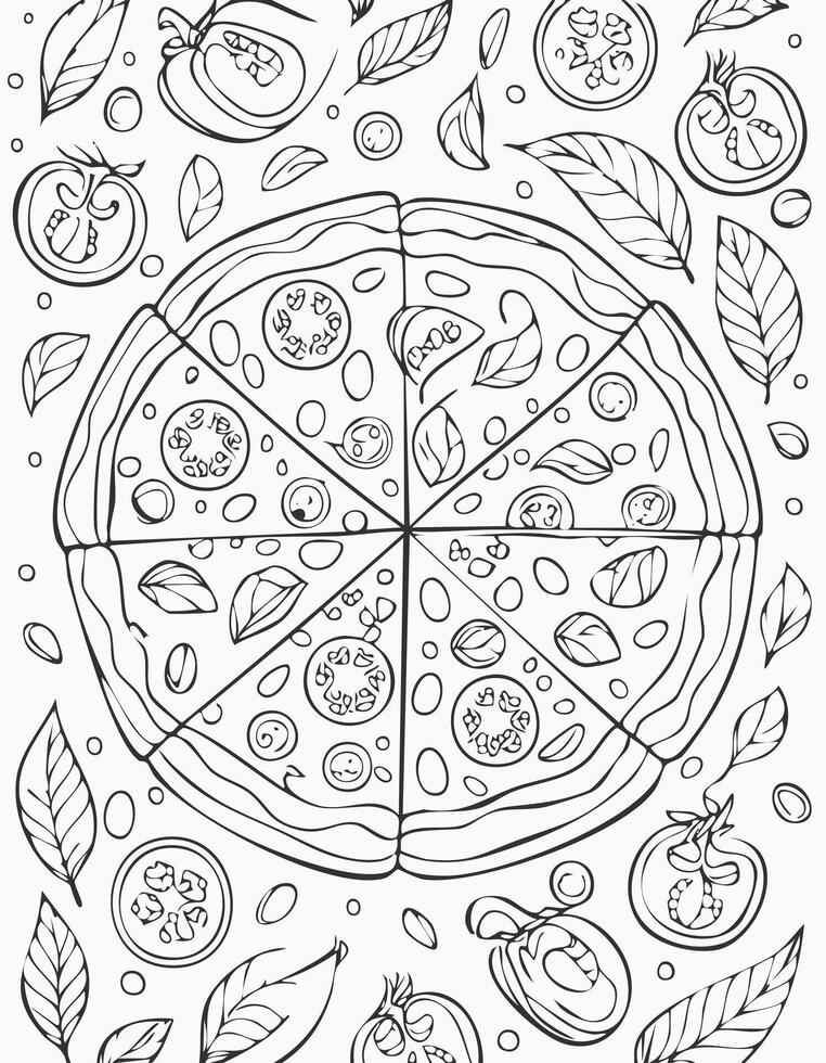 Pizza Food Eatery Meal Coloring Kid Book Page in Black and White. and Colored Samples vector