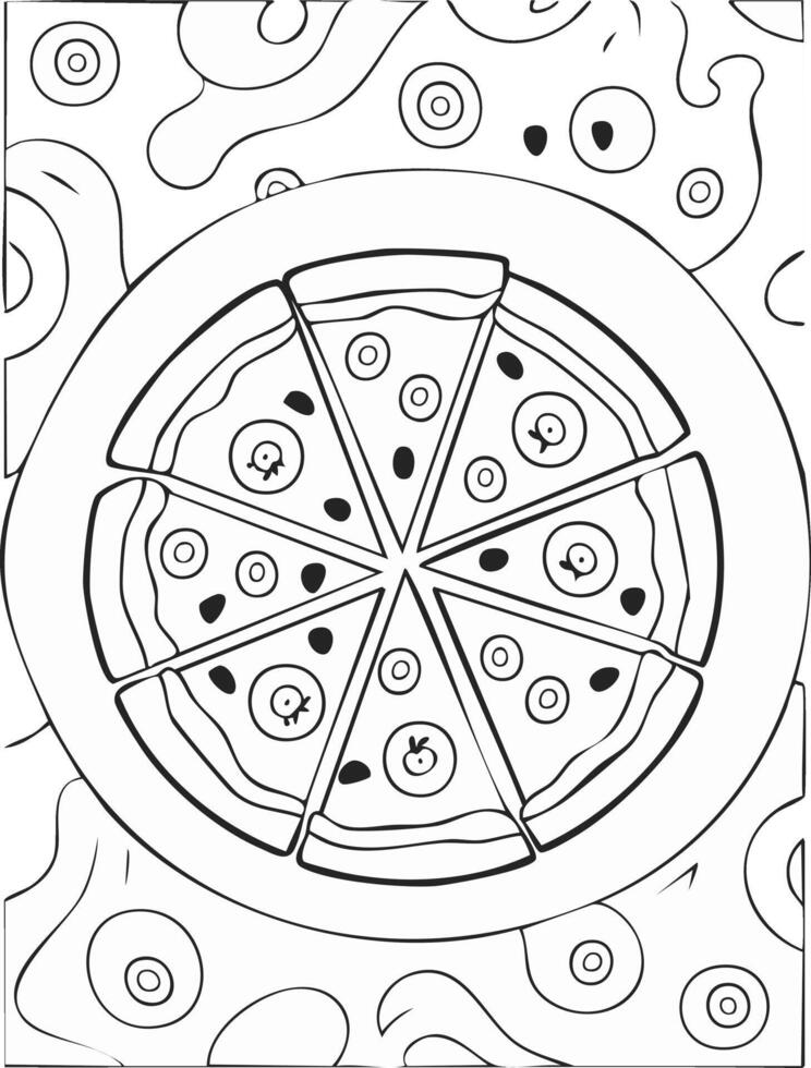 Pizza Food Eatery Meal Coloring Kid Book Page in Black and White. Monochrome and Samples vector