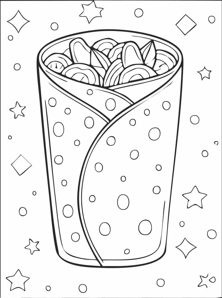 Burrito Food Eatery Meal Coloring Kid Page in Black and White. Monochrome and Colored Samples vector
