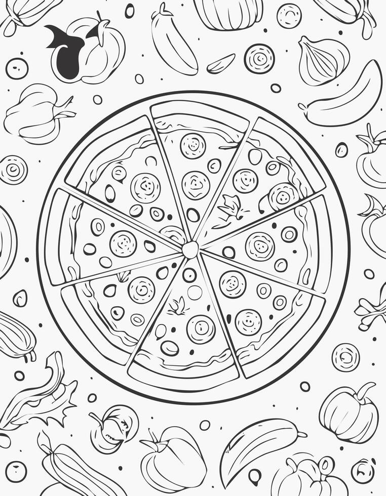 Pizza Food Eatery Meal Coloring Kid Book Page in Black and White. Monochrome and Colored Samples vector